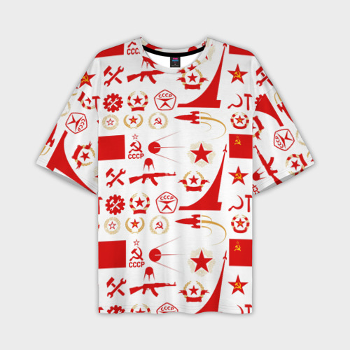 Мужская футболка оверсайз с принтом СССР знак качества красный, вид спереди №1