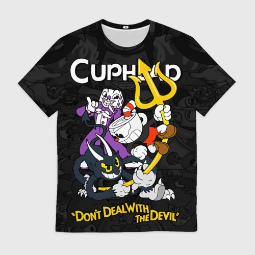Мужская футболка 3D с принтом Cuphead devil trident, вид спереди #2