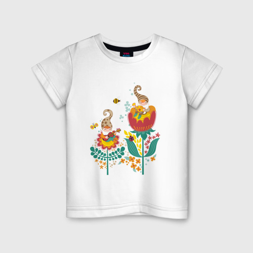 Детская футболка из хлопка с принтом Милые гномы в цветах, вид спереди №1