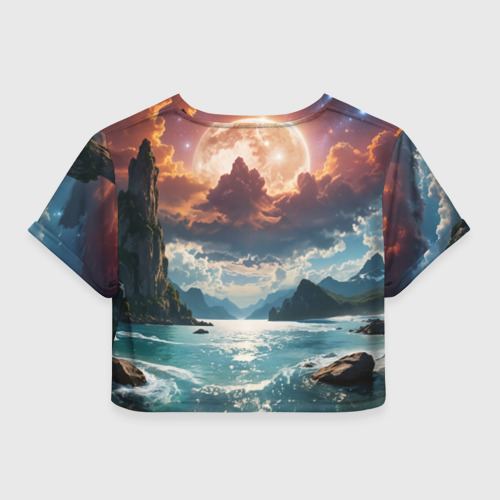 Женская футболка Crop-top 3D Полная луна над горным озером, цвет 3D печать - фото 2