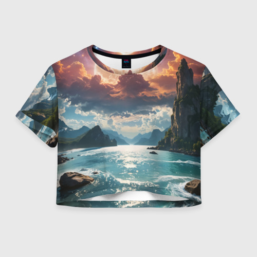 Женская футболка Crop-top 3D Полная луна над горным озером, цвет 3D печать