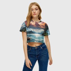 Женская футболка Crop-top 3D Полная луна над горным озером - фото 2