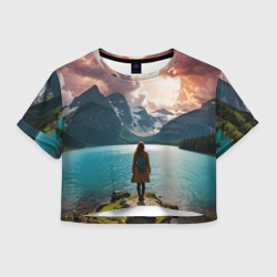 Женская футболка Crop-top 3D Девушка и горное озеро
