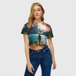 Женская футболка Crop-top 3D Девушка и горное озеро - фото 2