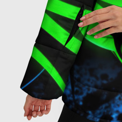 Куртка с принтом Яркая зеленая краска  на темной абстракции для женщины, вид на модели спереди №4. Цвет основы: черный