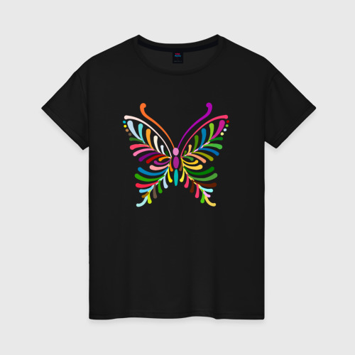 Женская футболка хлопок Разноцветные крылья, цвет черный