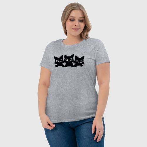 Женская футболка хлопок Три чёрных котика, цвет меланж - фото 6