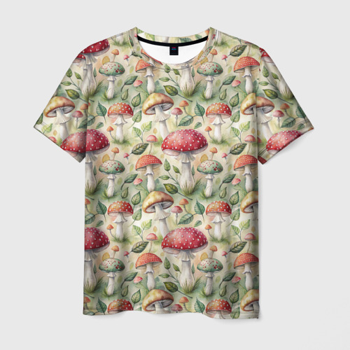 Мужская футболка с принтом Дикие грибы  лесные мухоморы паттерн, вид спереди №1