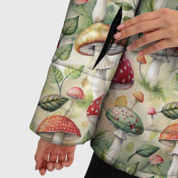 Куртка с принтом Дикие грибы  лесные мухоморы паттерн для женщины, вид на модели спереди №4. Цвет основы: черный