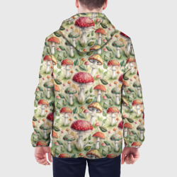 Куртка с принтом Дикие грибы  лесные мухоморы паттерн для мужчины, вид на модели сзади №2. Цвет основы: белый