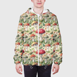 Куртка с принтом Дикие грибы  лесные мухоморы паттерн для мужчины, вид на модели спереди №3. Цвет основы: белый
