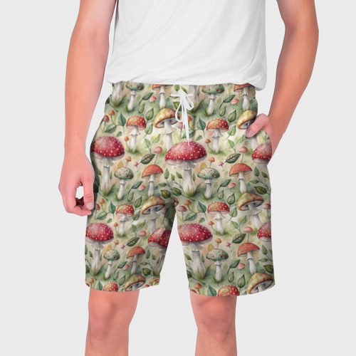 Мужские шорты с принтом Дикие грибы  лесные мухоморы паттерн, вид спереди №1