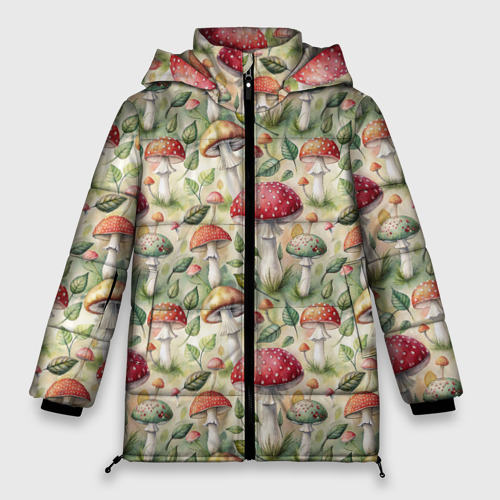 Женская зимняя куртка оверсайз с принтом Дикие грибы  лесные мухоморы паттерн, вид спереди №1
