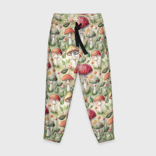 Детские брюки с принтом Дикие грибы  лесные мухоморы паттерн, вид спереди №1