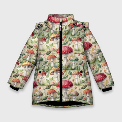 Зимняя куртка для девочек с принтом Дикие грибы  лесные мухоморы паттерн, вид спереди №1