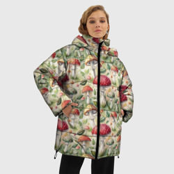 Куртка с принтом Дикие грибы  лесные мухоморы паттерн для женщины, вид на модели спереди №2. Цвет основы: черный