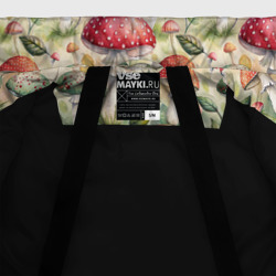 Куртка с принтом Дикие грибы  лесные мухоморы паттерн для женщины, вид на модели спереди №5. Цвет основы: черный