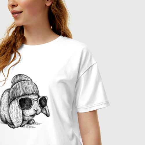 Женская футболка хлопок Oversize Зайка хипстер, цвет белый - фото 3