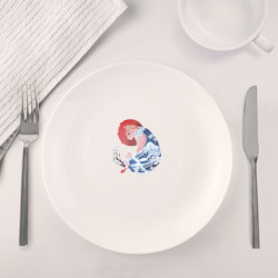 Набор: тарелка кружка с принтом Кот в японском стиле восходящее солнце для любого человека, вид спереди №4. Цвет основы: белый