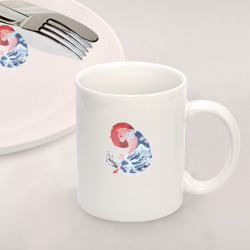 Набор: тарелка кружка с принтом Кот в японском стиле восходящее солнце для любого человека, вид спереди №2. Цвет основы: белый