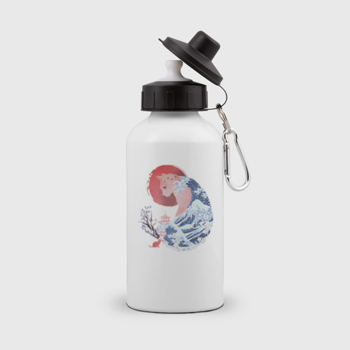 Бутылка спортивная с принтом Кот в японском стиле восходящее солнце, вид спереди №1