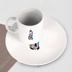 Набор: тарелка кружка с принтом Кот в татуировках цветов для любого человека, вид спереди №3. Цвет основы: белый