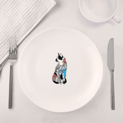 Набор: тарелка кружка с принтом Кот в татуировках цветов для любого человека, вид спереди №4. Цвет основы: белый