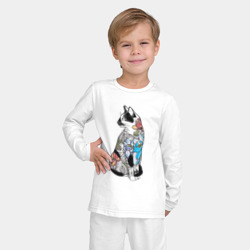 Пижама с принтом Кот в татуировках цветов для ребенка, вид на модели спереди №2. Цвет основы: белый