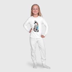 Пижама с принтом Кот в татуировках цветов для ребенка, вид на модели спереди №4. Цвет основы: белый