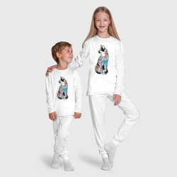 Пижама с принтом Кот в татуировках цветов для ребенка, вид на модели спереди №5. Цвет основы: белый