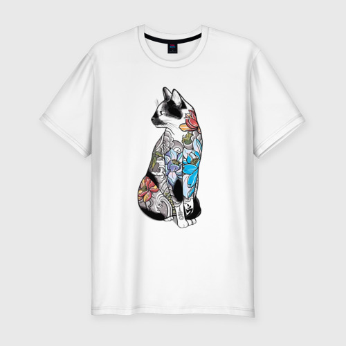 Мужская приталенная футболка из хлопка с принтом Кот в татуировках цветов, вид спереди №1