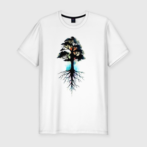 Мужская приталенная футболка из хлопка с принтом Дерево с корнями, вид спереди №1