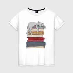 Женская футболка хлопок Кот спит на книгах