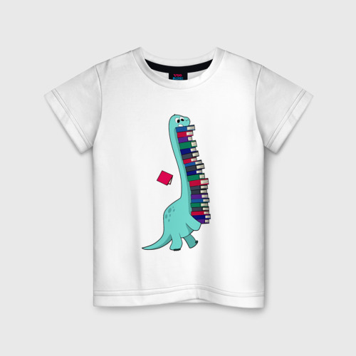 Детская футболка из хлопка с принтом Динозавр несет стопку книг, вид спереди №1