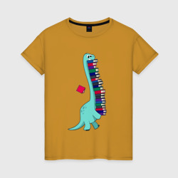 Динозавр несет стопку книг – Женская футболка хлопок с принтом купить со скидкой в -20%