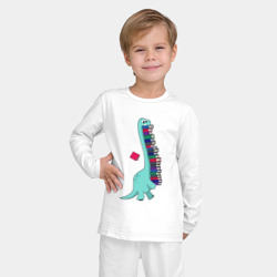 Пижама с принтом Динозавр несет стопку книг для ребенка, вид на модели спереди №2. Цвет основы: белый