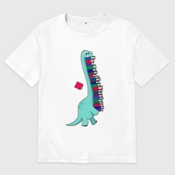 Женская футболка хлопок Oversize Динозавр несет стопку книг