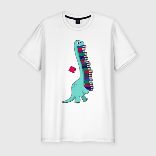 Мужская приталенная футболка из хлопка с принтом Динозавр несет стопку книг, вид спереди №1