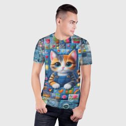 Мужская футболка 3D Slim Милый котёнок - пэчворк нейросеть - фото 2