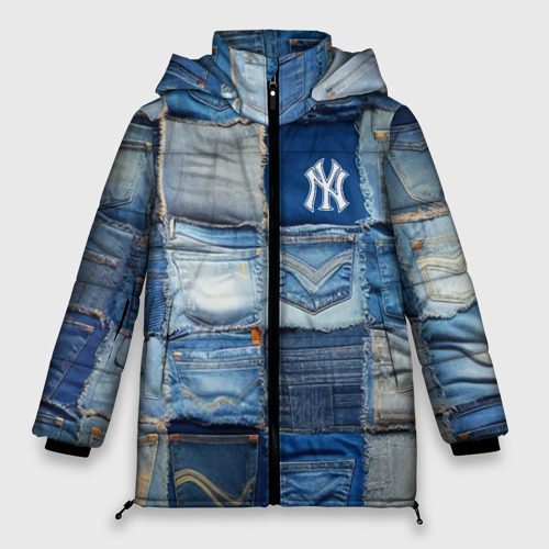 Женская зимняя куртка оверсайз с принтом Patchwork - New York yankees baseball team, вид спереди №1