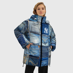 Куртка с принтом Patchwork - New York yankees baseball team для женщины, вид на модели спереди №2. Цвет основы: черный