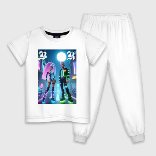 Детская пижама из хлопка с принтом Барби и Кен в ночном городе - неон, вид спереди №1