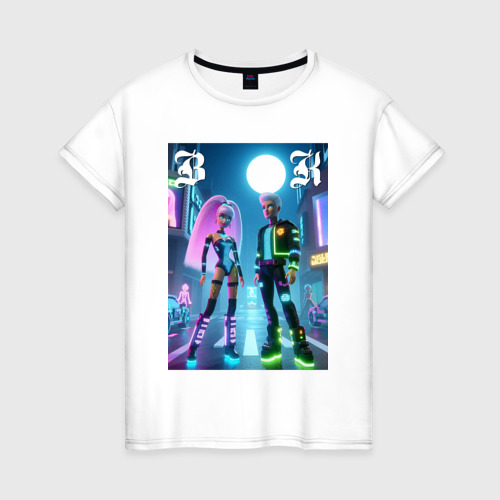 Женская футболка из хлопка с принтом Барби и Кен в ночном городе - неон, вид спереди №1