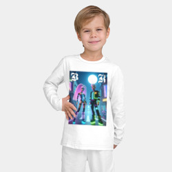 Пижама с принтом Барби и Кен в ночном городе - неон для ребенка, вид на модели спереди №2. Цвет основы: белый