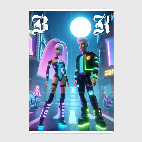 Магнитный плакат 2x3 с принтом Барби и Кен в ночном городе - неон, вид спереди №1