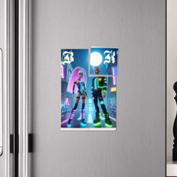 Плакат с принтом Барби и Кен в ночном городе - неон для любого человека, вид спереди №4. Цвет основы: белый