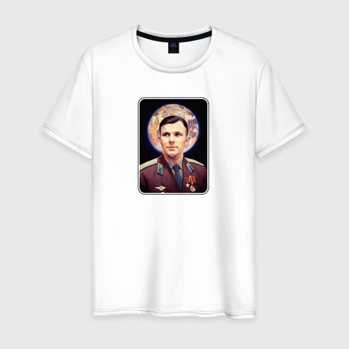 Мужская футболка из хлопка с принтом Гагарин и планета Земля, вид спереди №1
