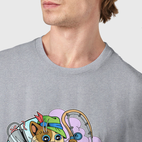 Мужская футболка хлопок Забавный кот рыболов, цвет меланж - фото 6