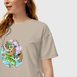Женская футболка хлопок Oversize Забавный кот рыболов - фото 2