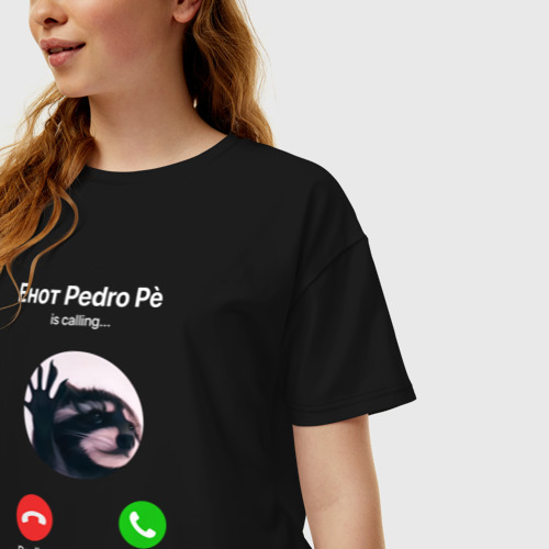 Женская футболка хлопок Oversize Енот pedro pe is calling мем, цвет черный - фото 3